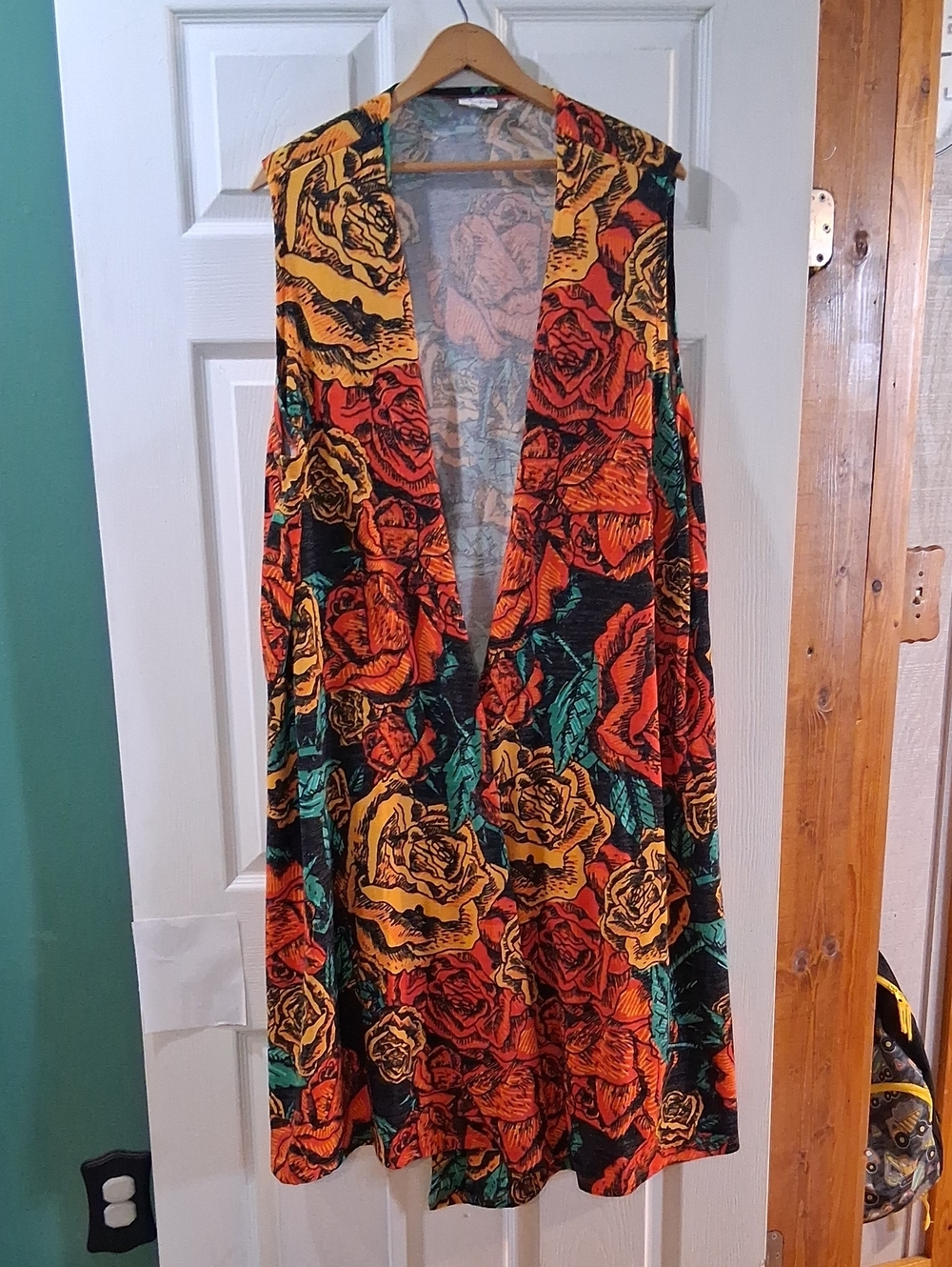 LuLaRoe Sleeveless Open Vest in Red, Yellow & Green Floral